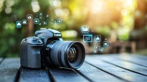 Professional camera positioned on a table for photography